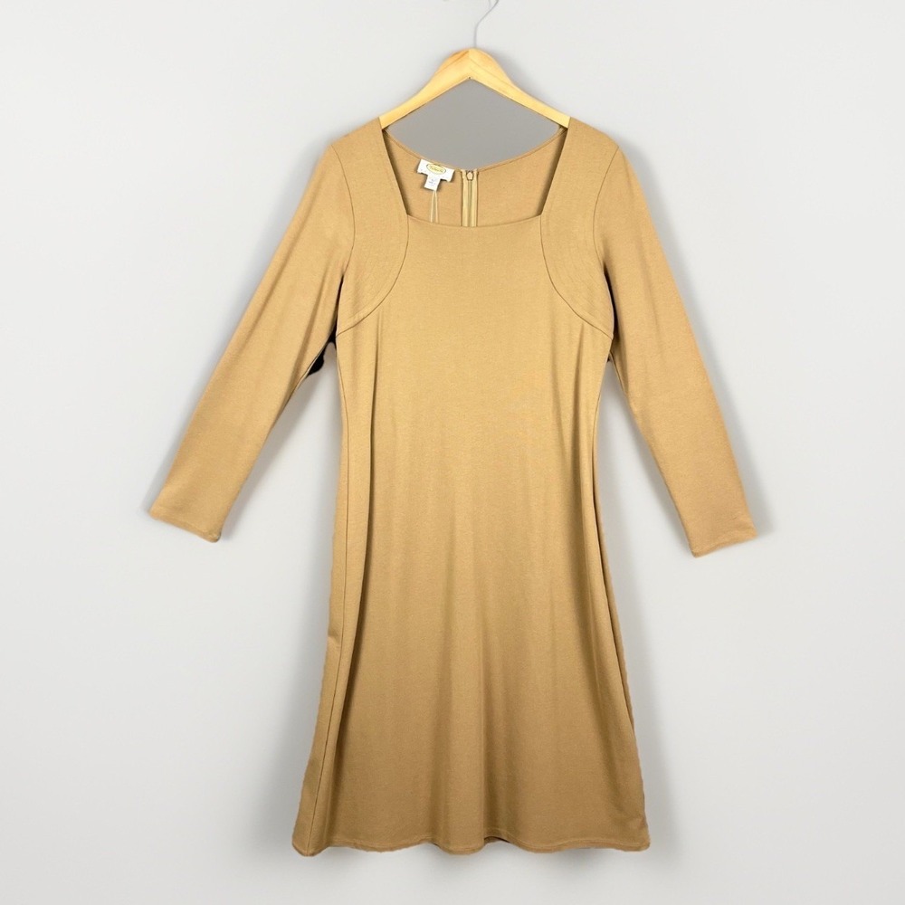 Vtg Y2K Talbots Dress Womens MP Tan Ponte Knit Square Neckline Deadstock Career